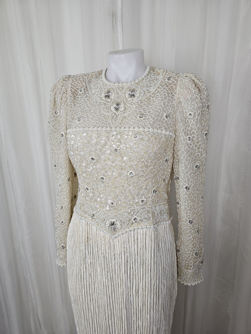 Vintage Mary McFadden Couture Beaded Gown 80s Cream Marii Pleat Stunning Rare - Picture 12 of 16